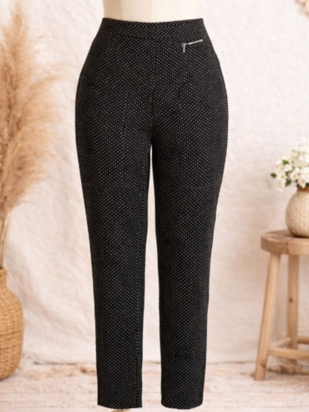 Rafaella Comfort Black Embroidered Micro-Dot Stretch Pants 14 Minimalist Office